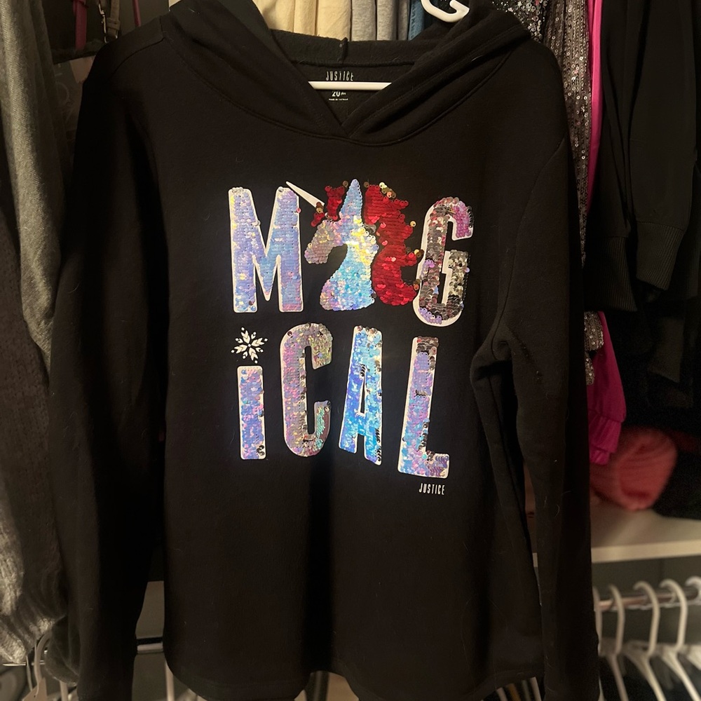 Justice for Girls Black Hoodie with Magical Unicorn Design